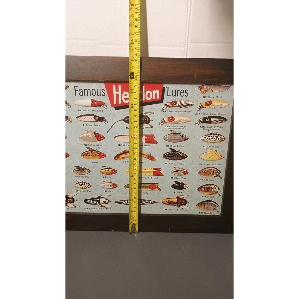 Heddon Lures Metal Wall Decor 17x13.5 Brown Excellent Framed Tin Art 1129857